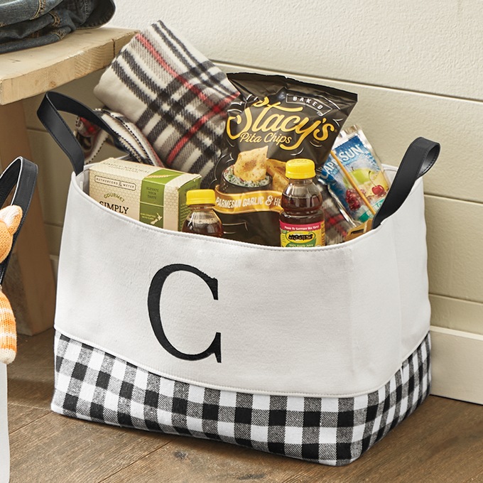 Plaid-Accent Tote Basket, Black Check, large